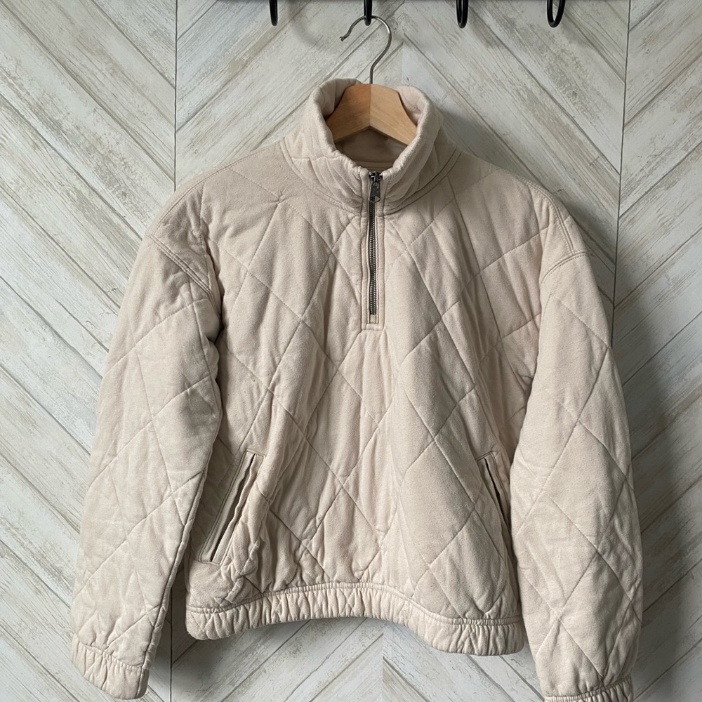 Cream Quilted Puffer Jacket with Stand-Up Collar